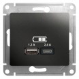 GLOSSA USB РОЗЕТКА А+С, 5В/2,4А, 2х5В/1,2 А, механизм, АНТРАЦИТ