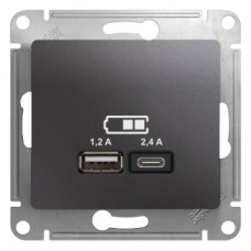 GLOSSA USB РОЗЕТКА А+С, 5В/2,4А, 2х5В/1,2 А, механизм, ГРАФИТ