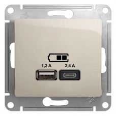 GLOSSA USB РОЗЕТКА А+С, 5В/2,4А, 2х5В/1,2 А, механизм, МОЛОЧНЫЙ